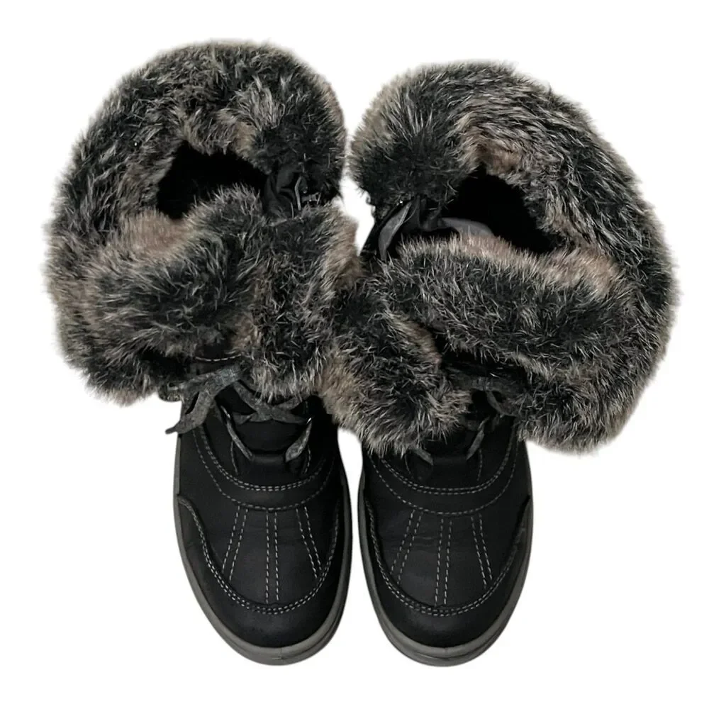 Santana Canada Myrah Winter Boots Black Faux Fur Trim Lace Up Zip Snow 38 US 7